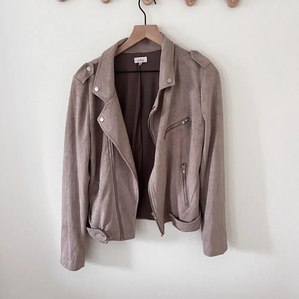 Pixley Faux Suede Moto Jacket Womens Cropped Full Zip Pockets Lined Beige Medium - Picture 1 of 7